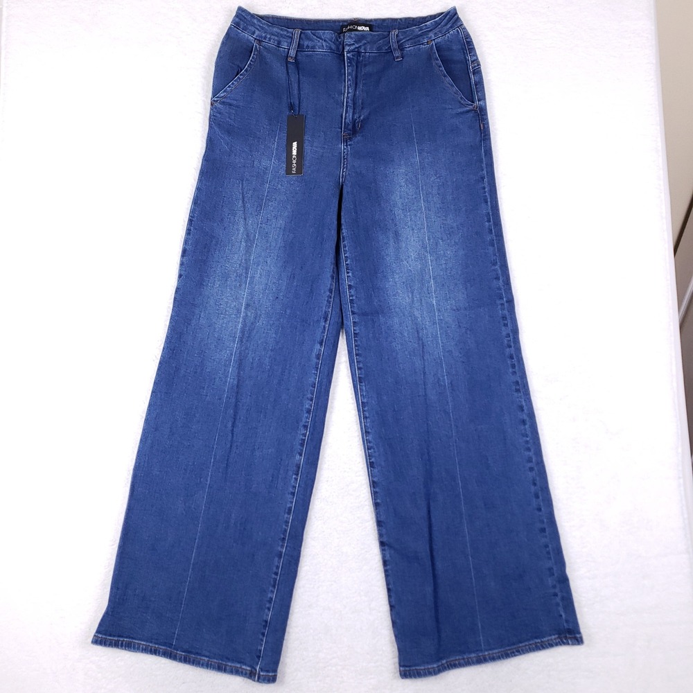 Fashion‎ Nova Finly Flowy Trouser Jeans Womens 13 Wide Leg Dark Wash Boho 70s